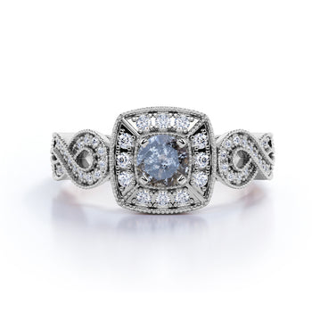 1 Carat Round Cut Dark Grey Salt and Pepper Diamond Vintage Filigree Engagement Ring in White Gold