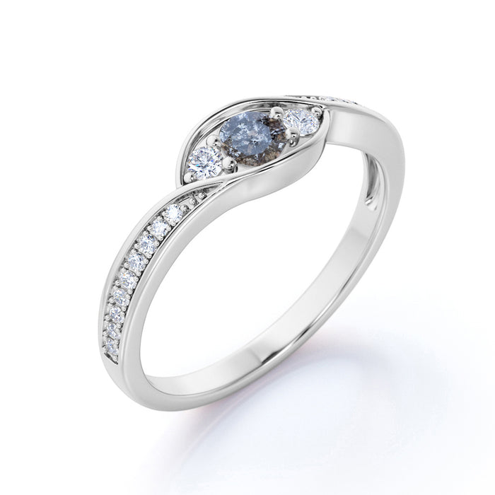 0.75 Carat Round Brilliant Genuine Salt and Pepper Diamond Past Present Future Engagement Ring in White Gold
