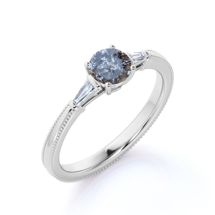 1.10 Carat Round Brilliant Icy Grey Salt and Pepper Diamond Tapered 3 Stone Engagement Ring in White Gold