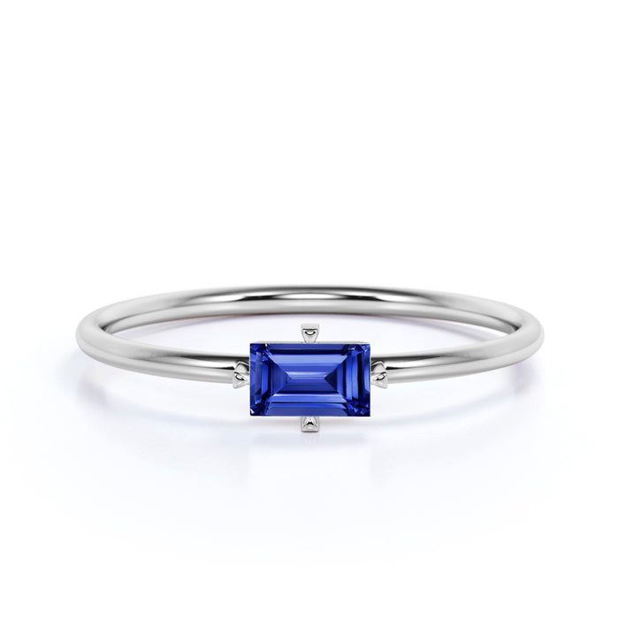 0.35 Carat Solitaire Emerald Cut Sapphire Dainty Ring in White Gold