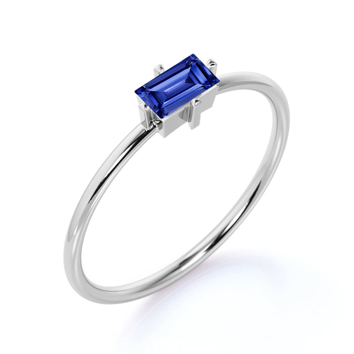 0.35 Carat Solitaire Emerald Cut Sapphire Dainty Ring in White Gold
