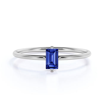 Solitaire Emerald Cut Sapphire Dainty Ring in White Gold