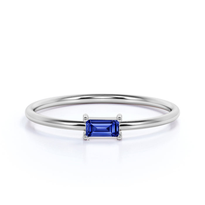 Minimalist  Emerald Cut Sapphire Dainty Solitaire Ring in White Gold