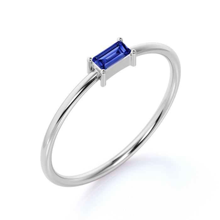 Minimalist  Emerald Cut Sapphire Dainty Solitaire Ring in White Gold
