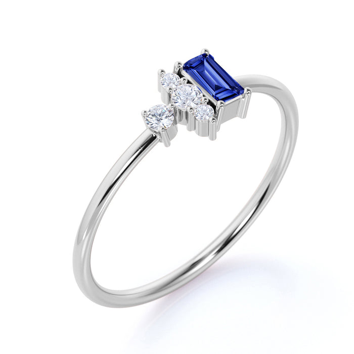 5 Stone Emerald Cut Sapphire and Diamond Stacking Ring in White Gold