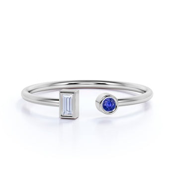Round Cut Sapphire and Baguette Diamond Open Stacking Ring in White Gold