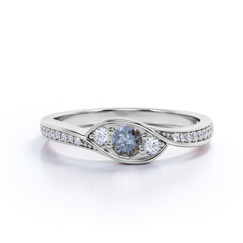 0.75 Carat Round Brilliant Genuine Salt and Pepper Diamond Past Present Future Engagement Ring in White Gold