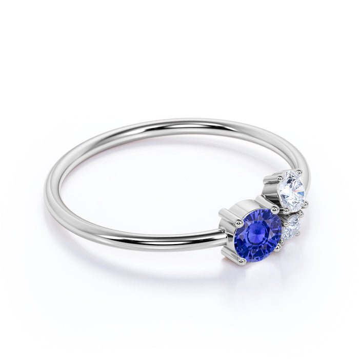 Round Cut Sapphire and  Diamond Trio Stacking Ring in White Gold