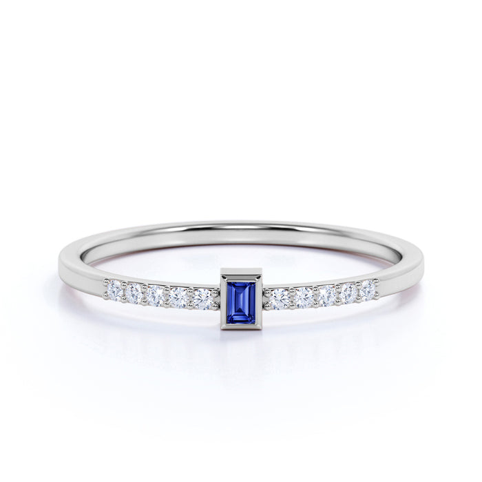 Baguette Cut Sapphire and Pave set Diamonds Stacking Ring in White Gold