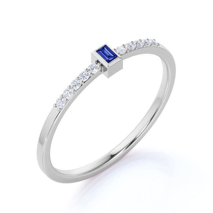 Baguette Cut Sapphire and Pave set Diamonds Stacking Ring in White Gold