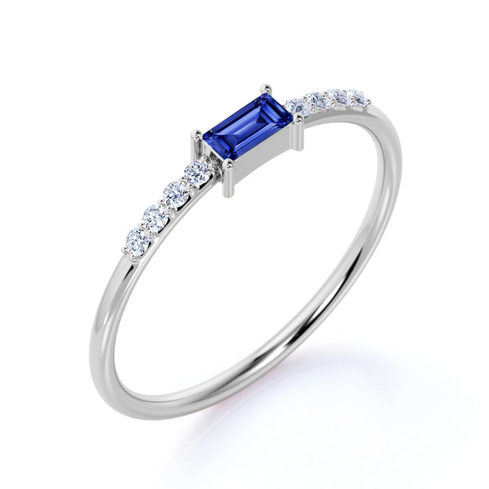 Emerald Cut Dainty Sapphire and Diamond Ring in White Gold
