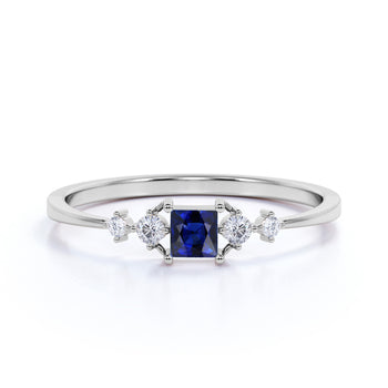 4 Stone Princess Cut Sapphire and  White Diamond Promise Ring in White Gold