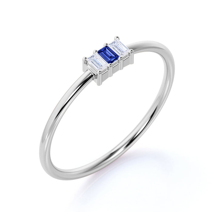 Baguette Cut Sapphire and Diamond Trio Stacking Ring in White Gold