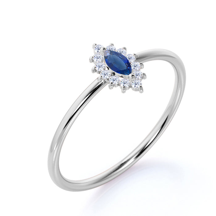 Vintage Halo Set Marquise Cut Sapphire and Diamond Promise Ring