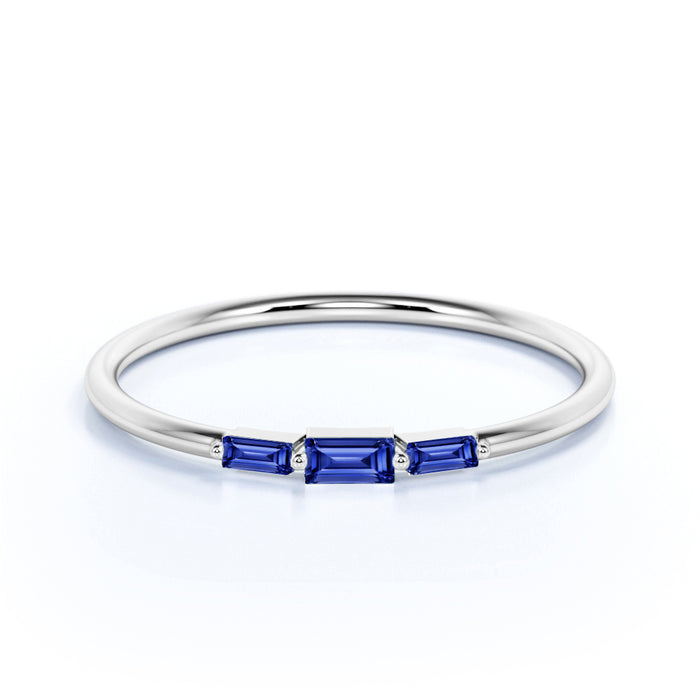 Baguette Cut Sapphire Trio Promise Ring in White Gold