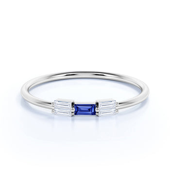 5 Stone Baguette Cut Sapphire and Diamond Stacking Ring in White Gold
