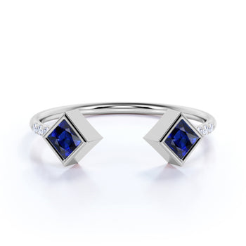 Bezel Set Princess Cut Sapphire Duo Open Stacking Ring in White Gold