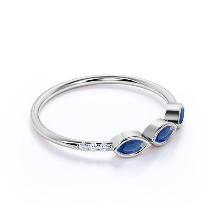 Marquise Cut Sapphire Trio with Round Diamonds Stacking Ring in White Gold