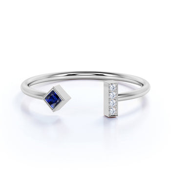 Square Cut Sapphire and Diamond Adjustable Stacking Ring in White Gold