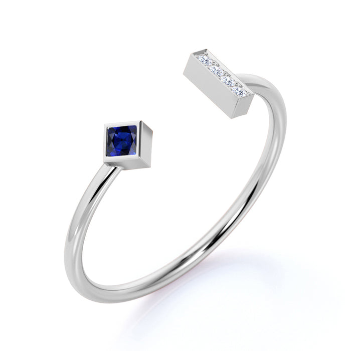 Square Cut Sapphire and Diamond Adjustable Stacking Ring in White Gold