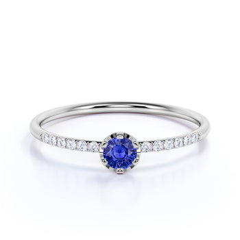Round Cut Sapphire with Pave set Diamonds Promise Ring in White Gold