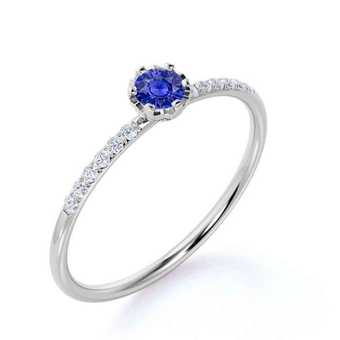 Round Cut Sapphire with Pave set Diamonds Promise Ring in White Gold