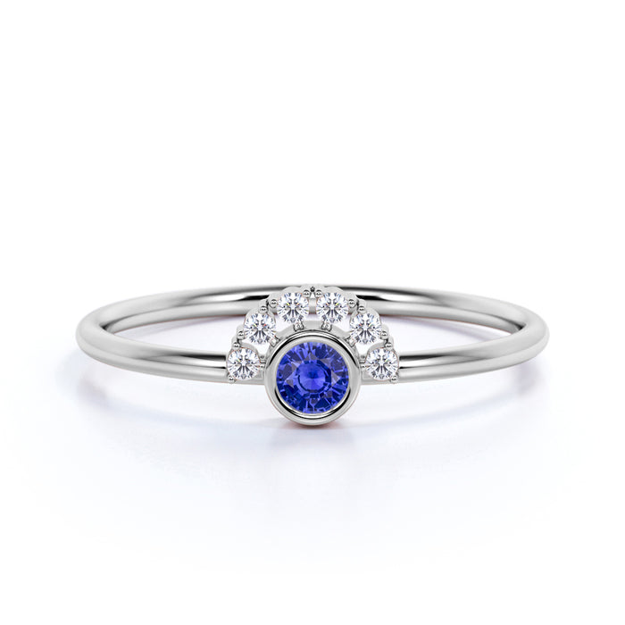 0.37 Carat Bezel Set Sapphire and Diamond Dainty Ring White Gold