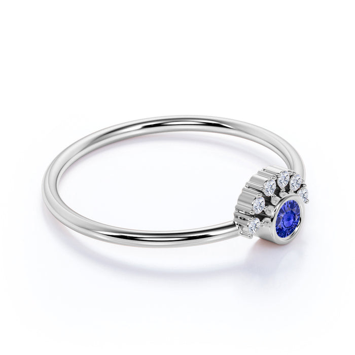 0.37 Carat Bezel Set Sapphire and Diamond Dainty Ring White Gold