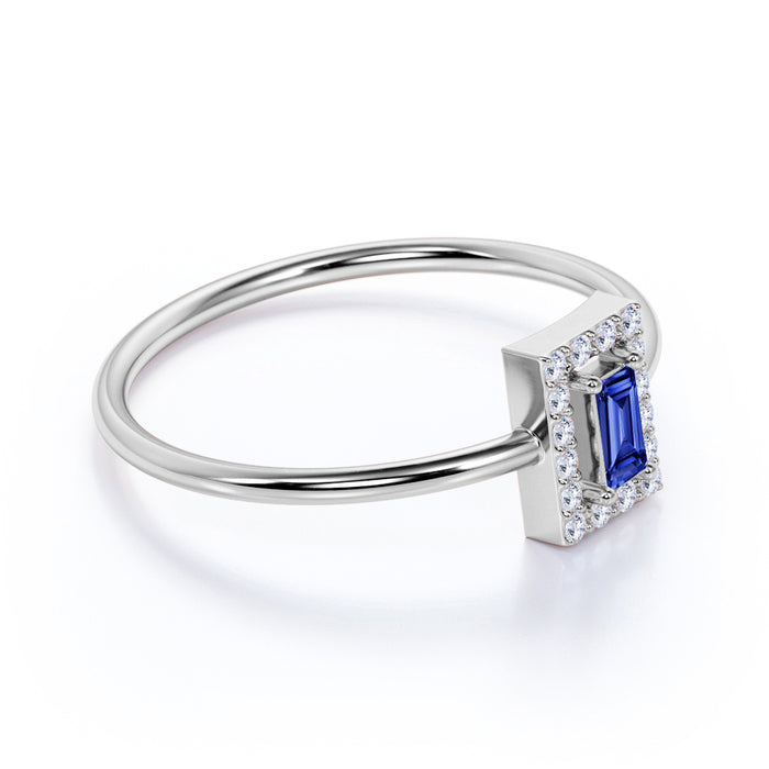 Halo Set Emerald Cut Sapphire Dainty Ring in White Gold