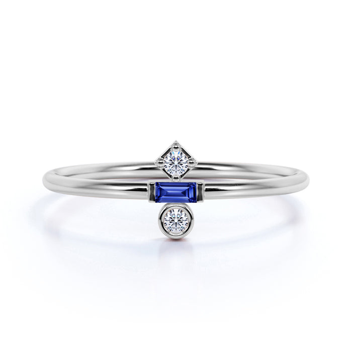 Emerald Cut Sapphire and Diamond Trilogy Stacking Ring in White Gold