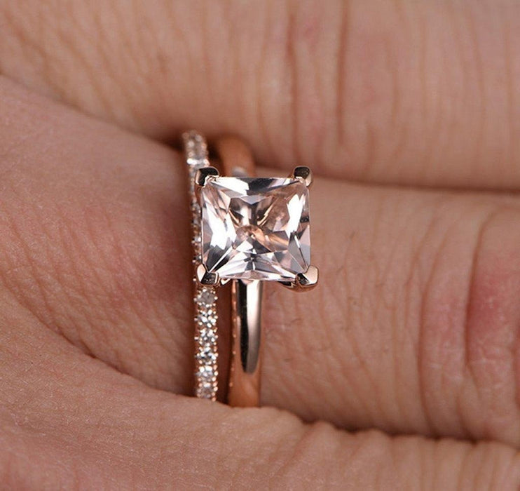 Sale: 1.25 Carat Princess Cut Peach Pink Morganite & Diamond Engagement Bridal Ring