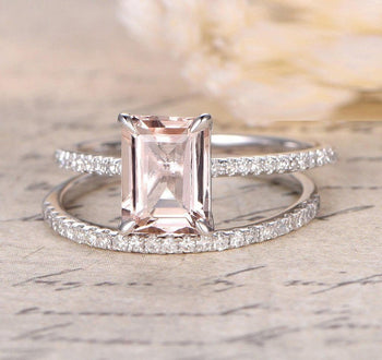 Sale: 1.50 Carat Emerald Cut Peach Pink Morganite and Diamond Engagement Ring Wedding Bridal Set