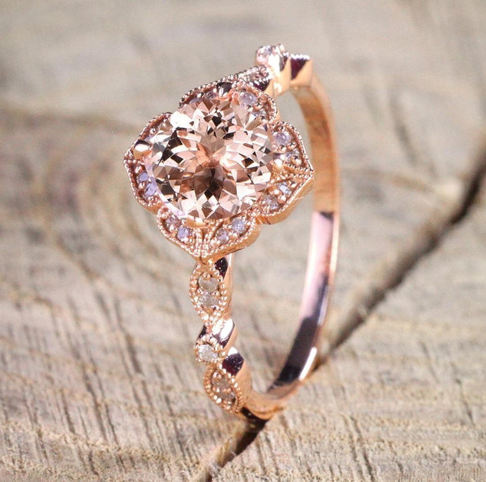 Sale Antique Design 1.25 Carat Round Shaped Peach Pink Morganite and Diamond Engagement Ring
