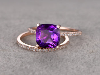 2.50 Carat Cushion Amethyst and Diamond  Art Deco Curved Wedding Set Diamond Bridal Ring in Rose Gold