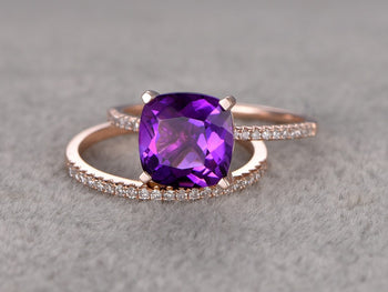 2.50 Carat Cushion Amethyst and Diamond  Art Deco Curved Wedding Set Diamond Bridal Ring in Rose Gold