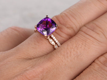 2.50 Carat Cushion Amethyst and Diamond  Art Deco Wedding Set Diamond Bridal Ring in Rose Gold