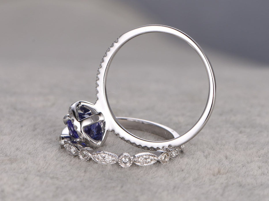 2 Carat Oval Tanzanite Diamond Art Deco Wedding Ring Set in White Gold