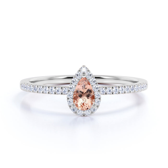1.5 Carat Pear Shaped Morganite Stone & Diamond Halo Engagement Ring in Rose Gold
