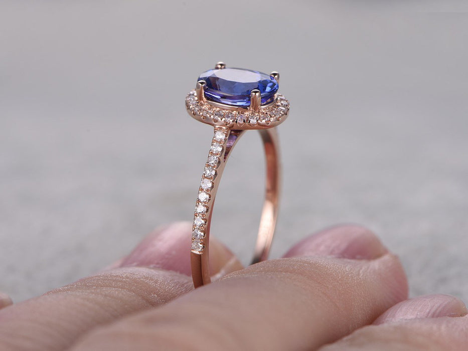 1.50 Carat Oval Tanzanite in Halo Diamond Half Eternity Engagement Rings in Rose Gold