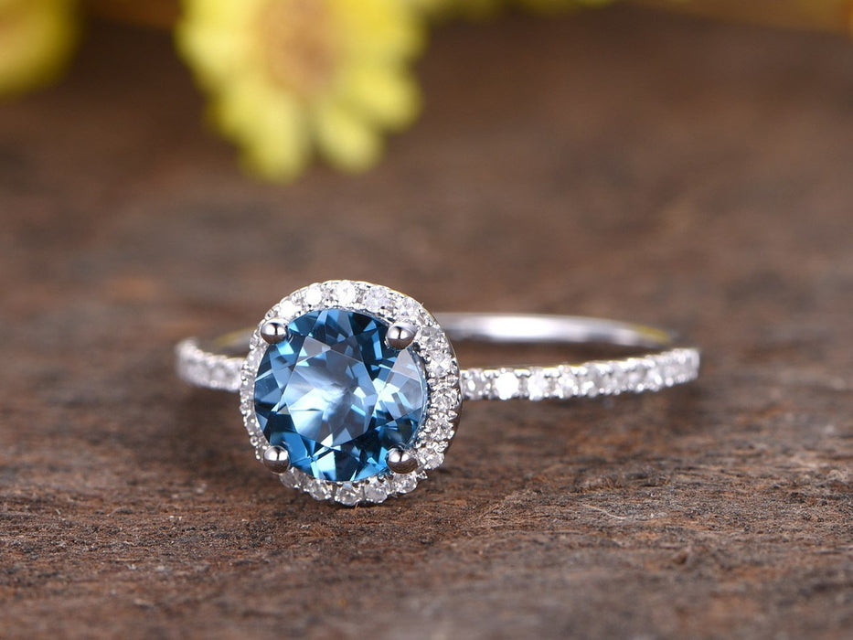 1.50 Carat London Blue Topaz and Diamond Halo Half Infinity Engagement Ring in White Gold