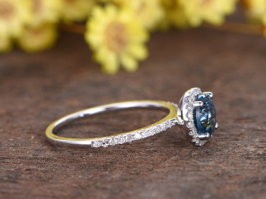 1.50 Carat London Blue Topaz and Diamond Halo Half Infinity Engagement Ring in White Gold