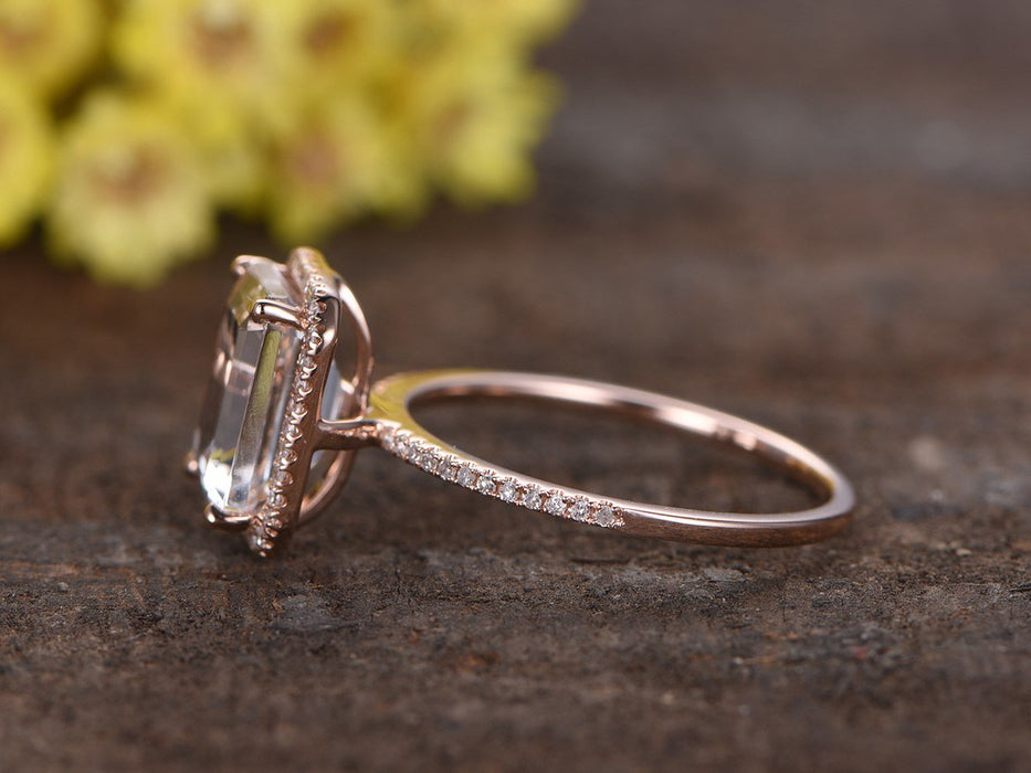 2 Carat Emerald Cut White Topaz and Diamond Halo Half Infinity Engagement Ring in Rose Gold