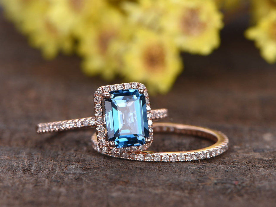 2 Carat Emerald Cut London Blue Topaz and Diamond Wedding Ring Set in Rose Gold