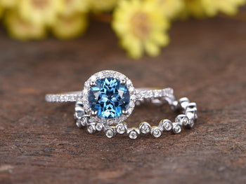 2 Carat Round London Blue Topaz and Diamond Full Eternity Wedding Ring Set in White Gold