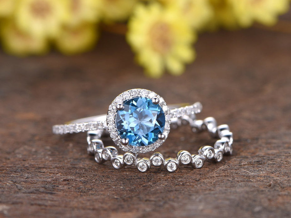 2 Carat Round London Blue Topaz and Diamond Full Eternity Wedding Ring Set in White Gold