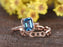 2 Carat Emerald Cut London Blue Topaz and Diamond Antique Flower Wedding Ring Set in Rose Gold