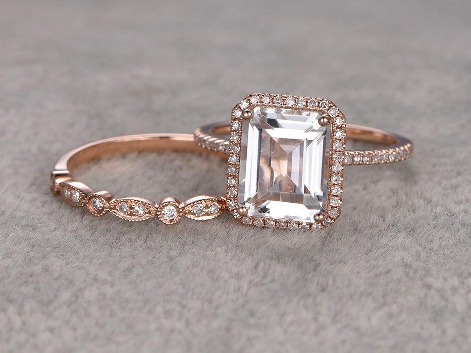2 Carat Emerald Cut White Topaz and Diamond Art Deco Wedding Ring Set in Rose Gold Art