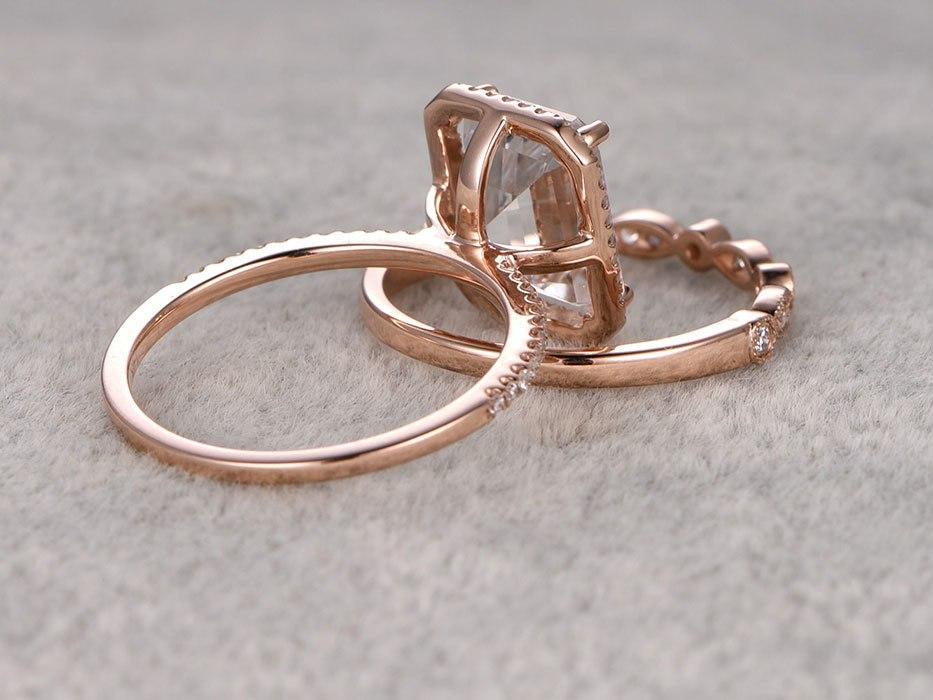 2 Carat Emerald Cut White Topaz and Diamond Art Deco Wedding Ring Set in Rose Gold Art