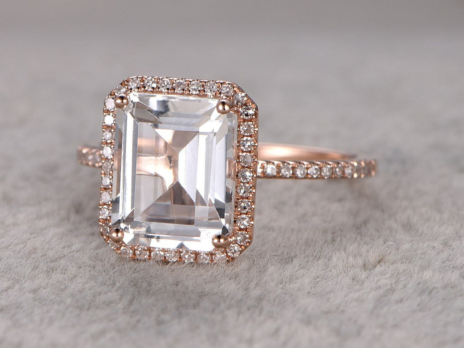 1.50 Carat Emerald Cut White Topaz and Diamond Halo Half Infinity Engagement Ring in Rose Gold
