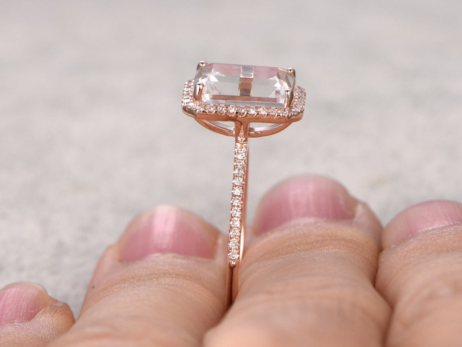 1.50 Carat Emerald Cut White Topaz and Diamond Halo Half Infinity Engagement Ring in Rose Gold
